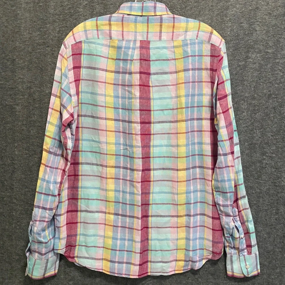 J Crew Irish Linen Baird‎ McNutt Button Up Shirt Men M Slim Plaid Preppy Coastal